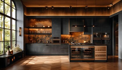 Stylish modern kitchen. high-end kitchen in monochrome with wooden furnishings