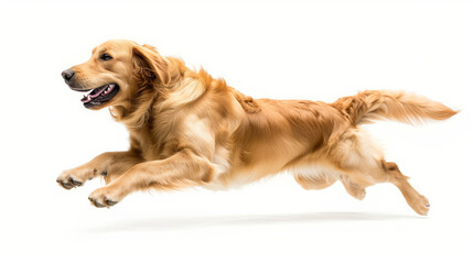 Dynamic Golden Retriever in Mid-Leap on a White Background