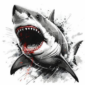Shark with open jaws closeup. Isolated on white. drawn angry shark
