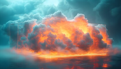 Glass box with white-orange clouds. Cloudy glass box over the Water.
