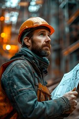 construction engineer in a hard hat and an orange vest. Builder with drawings. vertical orientation - obrazy, fototapety, plakaty