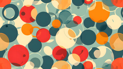 Dynamic -inspired design with overlapping circles and dots in warm and cool tones, creating a vibrant abstract background of geometric bubbles