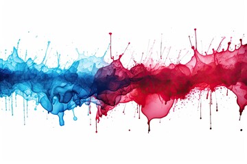 Watercolor blue red stain drips on white background. Text banner with grunge decoration.