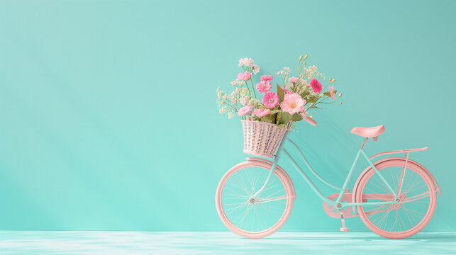 Pink bicycle with a flower basket on a blue background.