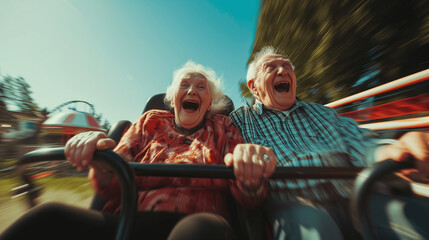 Joyful Senior Couple Enjoying Roller Coaster Ride - obrazy, fototapety, plakaty