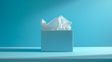 Light blue tissue box on blue background. Made with generative ai