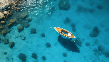 boat on the water. aerial view of a boat sailing in the crystal clear sea. Boat in ocean top view. crystal blue waters and boat. boat in water bird's eye view. summer boat