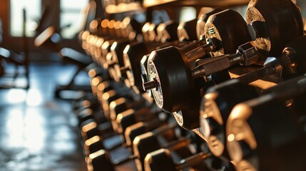 Fototapeta premium Fitness gym health club room closeup of heavy free dumbbells weights banner panorama background. copy space for text.
