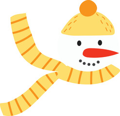 Bright snowman vector wearing a striped scarf and hat smiling in winter scene. Cheerful snowman illustration with carrot nose and yellow headwear against a white background.