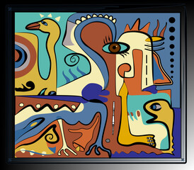 Colorful background, cubism art style,composition of abstract colorful figures  on  blue background - 718955494