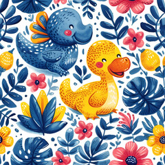 Vector Seamless Pattern Featuring duck and Flowers in a Cartoon Style, Perfect for Baby Decor or Summer Wallpaper with a Vintage Touch
