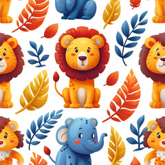Nature-Inspired Seamless Vector Pattern with Animals,lion, Flowers, and Cartoon Elements for Summer-themed Decor, Holiday Cards, and Wallpapers