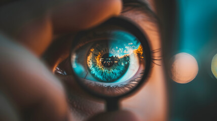 Illustration of a human eye with a vibrant details iris, through a magnifying glass.optical health,...