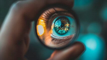 Illustration of a human eye with a vibrant details iris, through a magnifying glass.optical health, Ideal for optometry clinics, eye care products, or vision-related campaigns.