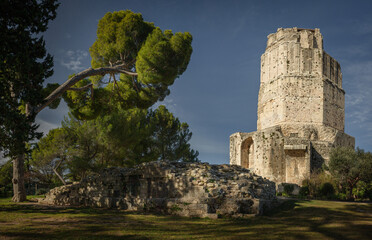 Fototapeta na wymiar View of the tower magne pre roman construction in the city of nimes south of france