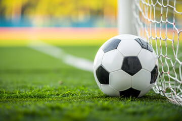 Black and white soccer ball resting against the net on a lush green field in an empty stadium