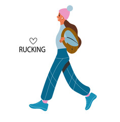 Rucking active walking with a backpack that contains extra weight. A young woman training with a backpack.  Accessible sports, the concept of outdoor training. Vector illustration in the flat style.