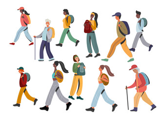 People Rucking active walking with a backpack that contains extra weight. vector flat illustration