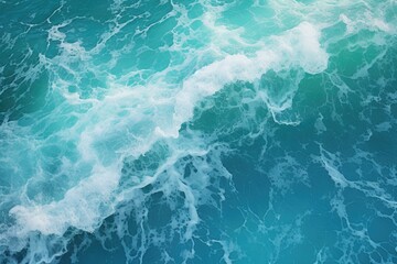 Fototapeta premium Aerial view of turquoise ocean water with splashes and foam.
