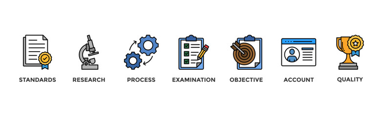 Audit banner web icon vector illustration concept with icon of standards, research, process, examination, objective, account, and quality