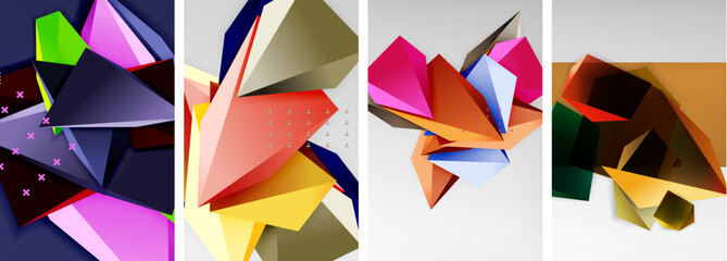 Trendy low poly 3d triangle shapes and other geometric elements background designs for wallpaper, business card, cover, poster, banner, brochure, header, website