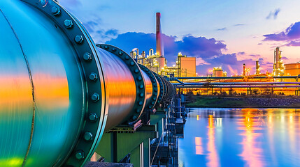Night View of an Industrial Refinery Factory, Gas and Chemical Plant with Pipeline Towers - obrazy, fototapety, plakaty