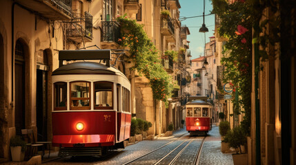 Old vintage trams in the village street created with Generative AI technology