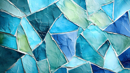 Close-up abstract photograph featuring a textured pattern of blue and green shattered glass fragments