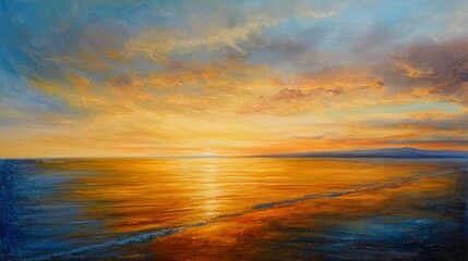 Fototapeta na wymiar Sunset over the ocean, sunset over the sea, painting, art on canvas