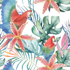 Watercolor tropical seamless pattern with palml leaves and parrots. Vintage hand painted print. Art jungle background