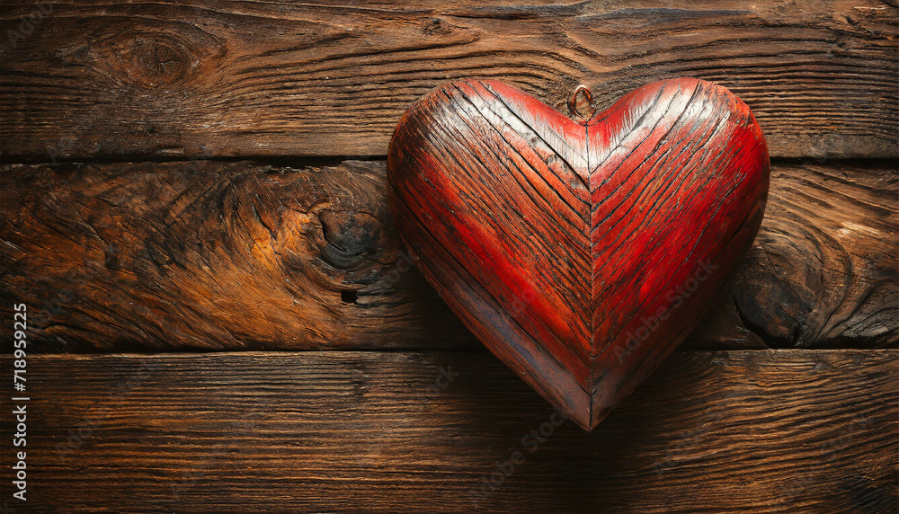 Poster closeup of a wooden red heart shape on a dark wooden background with copy space. generative ai.