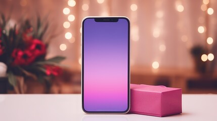 Mockup of a blank phone screen in purple tones on a blurred background