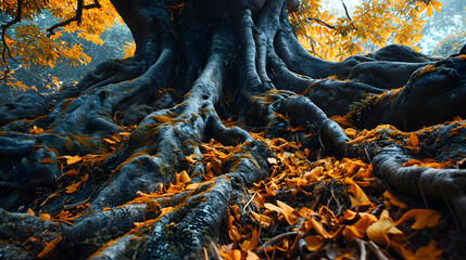 An ancient tree with sprawling roots in a mystical forest bathed in golden sunlight, evoking tranquility and the beauty of nature