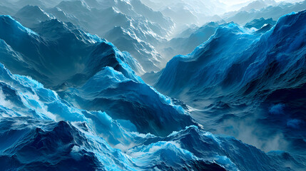 Digital painting of abstract ocean waves with a dynamic blend of blue colors creating a serene, yet powerful sea landscape