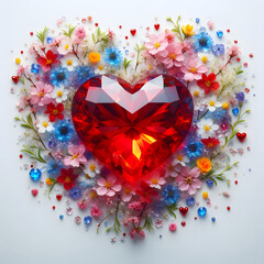 Color crystal heart with flowers. AI generated illustration