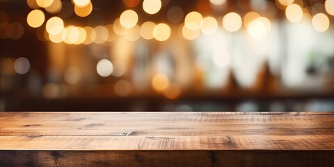 Bokeh image of kitchen bench interior on wooden-textured table. - obrazy, fototapety, plakaty