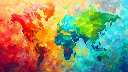 Obraz premium Geometric abstract world map with vibrant mosaic polygons representing continents in a modern and colorful style