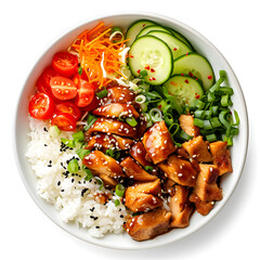 Chicken Teriyaki with rice, top view, isolated on white background