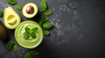 Detox smoothies from green vegetables ( cucumber, avocado, baby spinach and apple) in a glasses on a light grey background. - obrazy, fototapety, plakaty