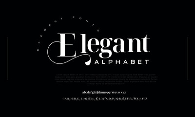 Elegant Creative modern alphabet. Dropped stunning font, type for futuristic logo, headline, creative lettering and maxi typography. Minimal style letters with yellow spot. Vector typographic design	