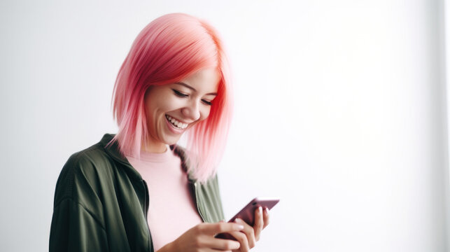 A pink-haired young woman looking at the smartphone and laughing closeup.