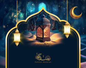 Ramadan kareem illustration greeting card. Fanous or lantern with ramadan kareem arabic text calligraphy on dark background for islamic celebration. - obrazy, fototapety, plakaty