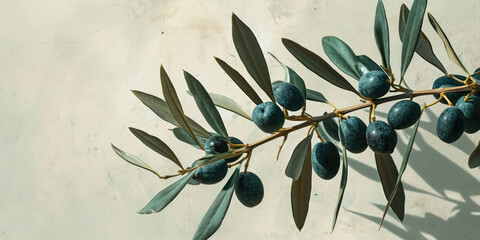 Wild olive branches on gray background. Copy space. 
