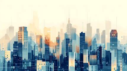 City skyline in warm sunrise hues, transformed into a tranquil yet vibrant digital art impression
