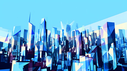 Abstract geometric city skyline illustration in various shades of blue, depicting a busy urban environment in a modern art style