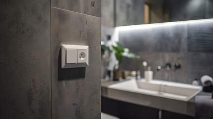 Stylish contemporary bathroom features sleek light switch next to a blurred mirror and sink background