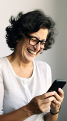 Fototapeta premium A senior woman looking at the smartphone and laughing closeup.