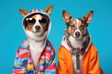 Two Trendy dogs dressed in colorful streetwear, ready for a hip outing, blue background .