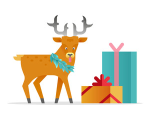 Christmas Icon with Flat Cute Deer, Presents. Happy New Year and Merry Christmas Stickers.
