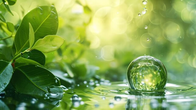 Ecological notion of relaxation and a fresh green leaf with a drop of water, Generative AI.